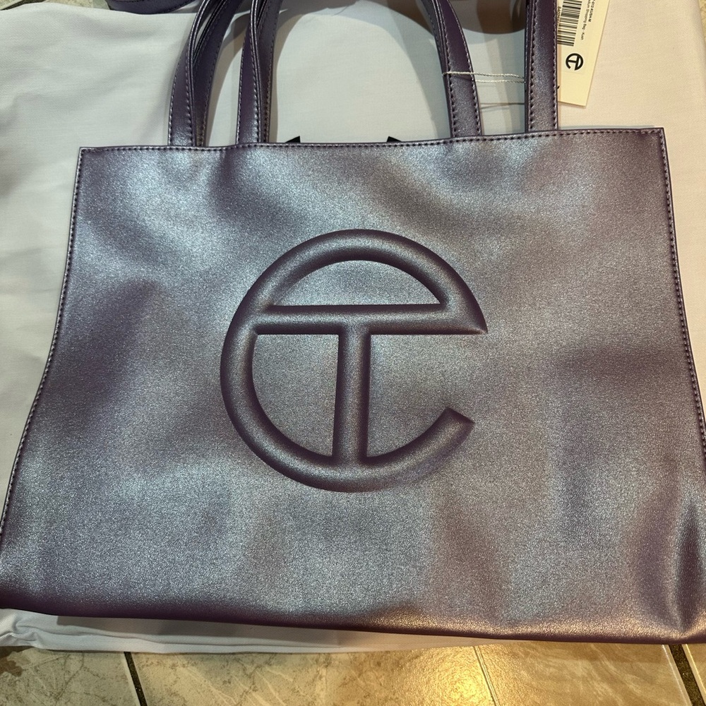 Telfar Purple Tote Bag with Embossed Logo and Structured Shape